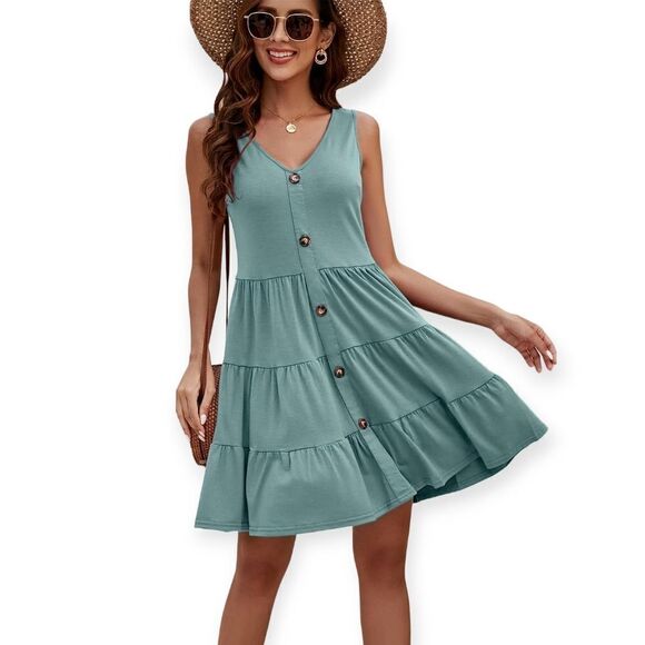 NWT Halife Women's Button Front Summer Sleeveless V-Neck Pleated Swing Dress - Picture 1 of 7